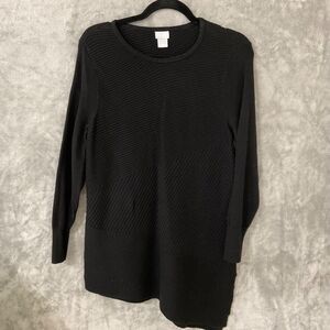 Chico's 1 tunic top knit ribbed women M Black asymmetrical contrasting Hem